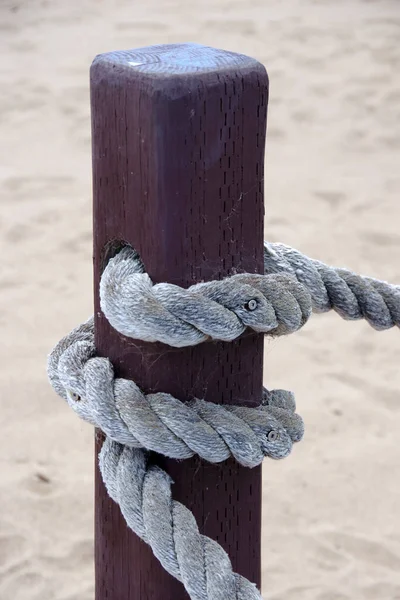 Wooden Post Heavy Rope Close Driveway — Zdjęcie stockowe