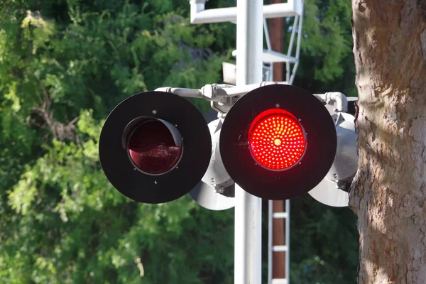 Railroad crossing signal with alternating red lights