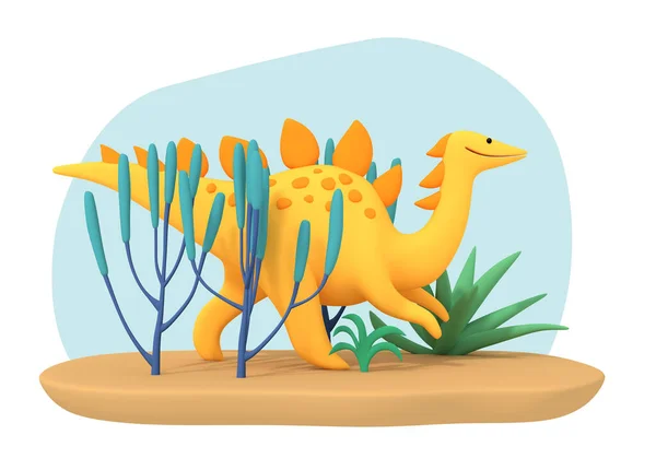 Ilustración Amarillo Lindo Dinosaurio Plastilina Lagarto Sonriente Camina Entre Vegetación — Foto de Stock