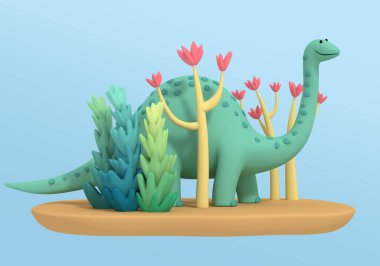 3 boyutlu illüstrasyon. İlkel bitki örtüsü arasında sevimli bir plastik dinozor yürüyor. Benekli yeşil kertenkele 
