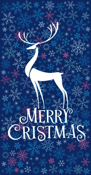 Buona Cartolina Natale Bellissimo Cervo Stilizzato Sfondo Blu Intorno Fiocchi — Vettoriale Stock