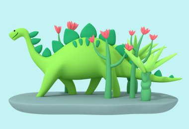 3 boyutlu illüstrasyon. Yeşil dinozor tarih öncesi bitkiler arasında dolaşıyor. Komik sevimli karakter.