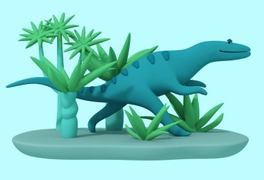 3 boyutlu illüstrasyon. Dinozor tarih öncesi bitki örtüsü arasında koşar. Komik sevimli karakter.