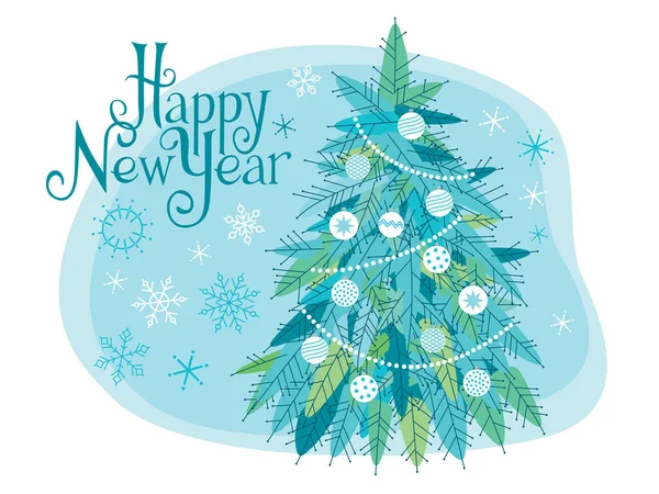 新年明けましておめでとうございます おもちゃや雪の結晶とスタイリッシュなクリスマスツリー クールなグラフィック — ストックベクタ