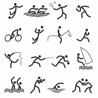 Spor ikonları, spor. Yaz sporları. Kürek, bisiklet, eskrim, güreş ve diğerleri. İnsansıların siluetleri