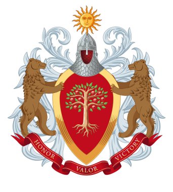 Aile arması. Ayıların elinde badem şeklinde bir kalkan var. Kalkanda verimli bir ağaç var. Aşağıda bir kaset var. Onur Yiğitliği Zaferi.