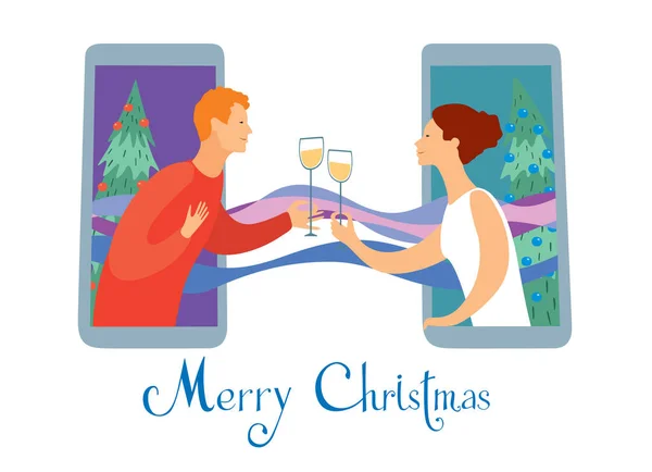 明信片圣诞快乐 一个男的和一个女的用智能手机互相祝贺 用香槟酒杯检查 — 图库矢量图片