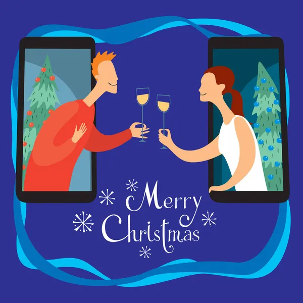 明信片圣诞快乐 那男的和那女的碰杯香槟 每个人都在智能手机里 — 图库矢量图片