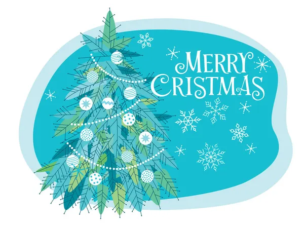 明信片圣诞快乐 绿松石背景上的圣诞树很别致 装饰性雪花四处飘扬 — 图库矢量图片