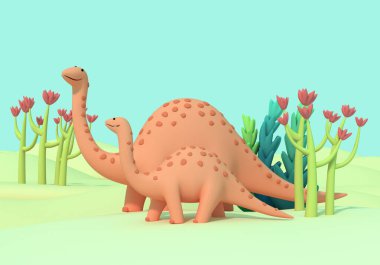 Üç boyutlu illüstrasyon. Pembe dinozorların ebeveynleri ve yavruları tarih öncesi bitkiler arasında geziniyor. Komik sevimli karakterler
