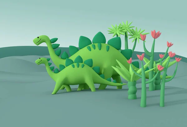 Illustration Les Dinosaures Verts Parents Oursons Promènent Parmi Végétation Préhistorique — Photo