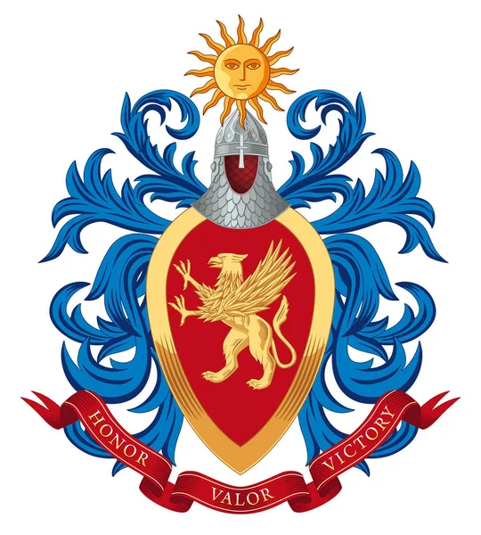 家族纹章 一只金狮鹫戴在红色杏仁状盾牌上上面是一个突厥头盔 以下是一条以英勇胜利为座右铭的带子 — 图库矢量图片