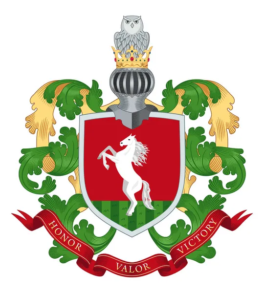 Brasão Armas Família Cavalo Branco Num Escudo Vermelho Acima Capacete — Vetor de Stock