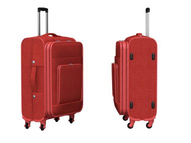 3D image of a red travel suitcase in two angles. Isolate on white background 