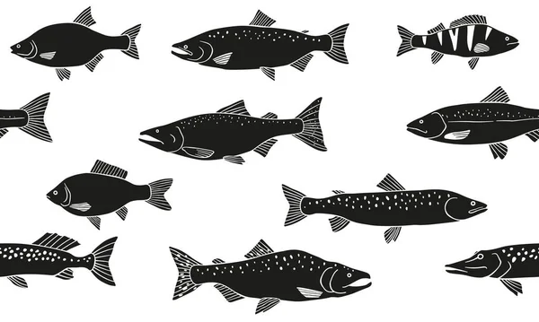 Seamless Pattern Various Fish Different Types Fish Black Silhouettes Vector — Stock Vector