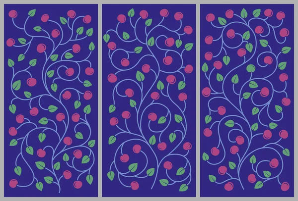 Декоративные Фоновые Яблоки Триптих Цветочный Орнамент Кудрявые Ветви Листьями Фруктами — стоковый вектор