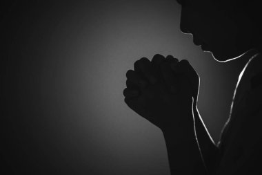 Religion, belief, worship concept copy space: Black and white prayer hands with palms up to pray God clipart