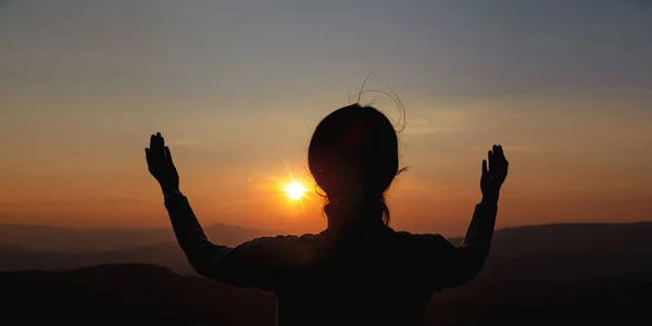 Worship Prayer Banner Silhouette Christian Woman Praying Spirituality Religion Woman — Stock Photo, Image