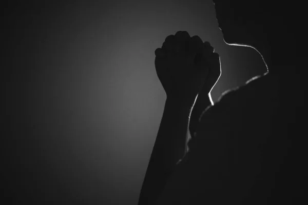 Religião Crença Adoração Conceito Espaço Cópia Mãos Oração Preto Branco — Fotografia de Stock