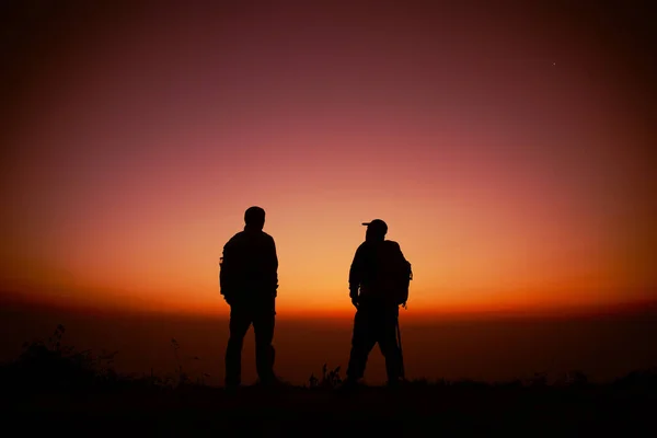 Hiker Backpack Relaxing Top Mountain Enjoying Valley View Sunrise — Stock Photo, Image