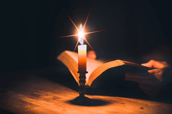 Woman Hands Praying Holy Bible Light Candles Selective Focus Beautiful — Stok fotoğraf