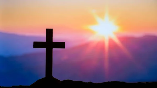 Silhouette Kreuz Auf Den Bergen Abstrakt Für Die Christliche Religion — Stockfoto