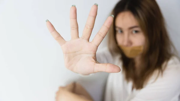 Les Femmes Lèvent Paume Main Halte Violence Aux Abus Sexuels — Photo