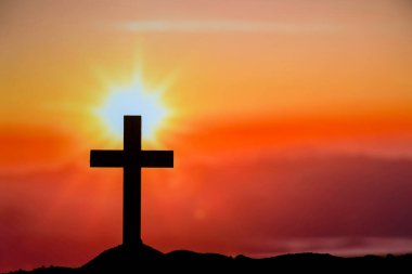 Silhouette Cross on the mountains, Abstract for christian religion that god he is risen in easter day bible prophet symbol death concept for feeling proud calvary Christmas card decoration.