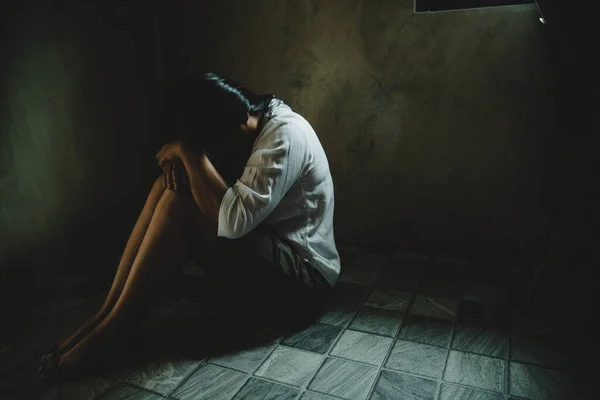 Young Depressed Woman Domestic Rape Violence Beaten Raped Sitting Corner — Stok fotoğraf