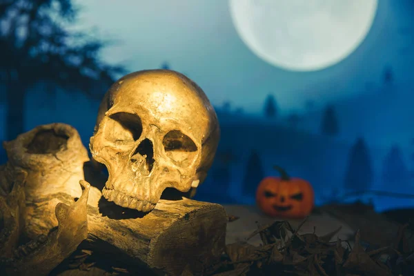 Череп Моторошне Кладовище Світиться Хеллоуїн Гарбузом Вночі — стокове фото