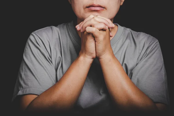 christianity woman catholic hand pray and worship in the church, Hands folded in prayer concept for faith, spirituality and religion, Hands Raised In Worship background.