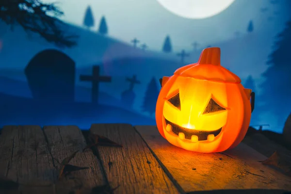 Halloween Pumpkin Head Jack Lantern Burning Candles Pumpkins Graveyard Spooky — Stock Fotó
