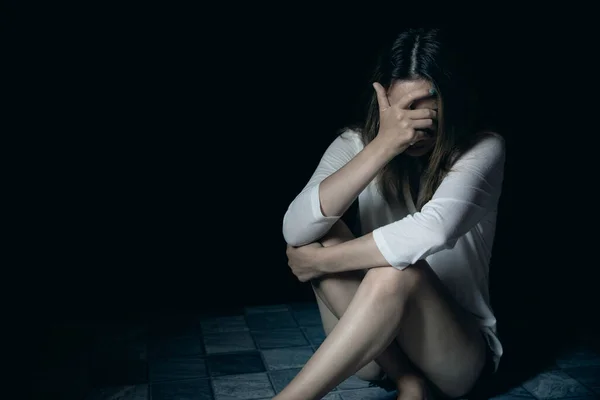 Young Person Woman Sad Stress Loneliness Sitting Dark Room Unhappy — Zdjęcie stockowe
