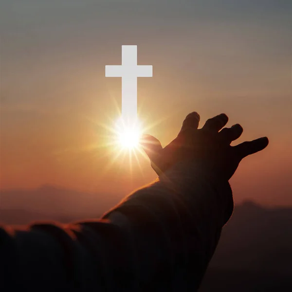 Silhouette Human Hands Palm Praying Worship Cross Eucharist Therapy Bless — Foto Stock