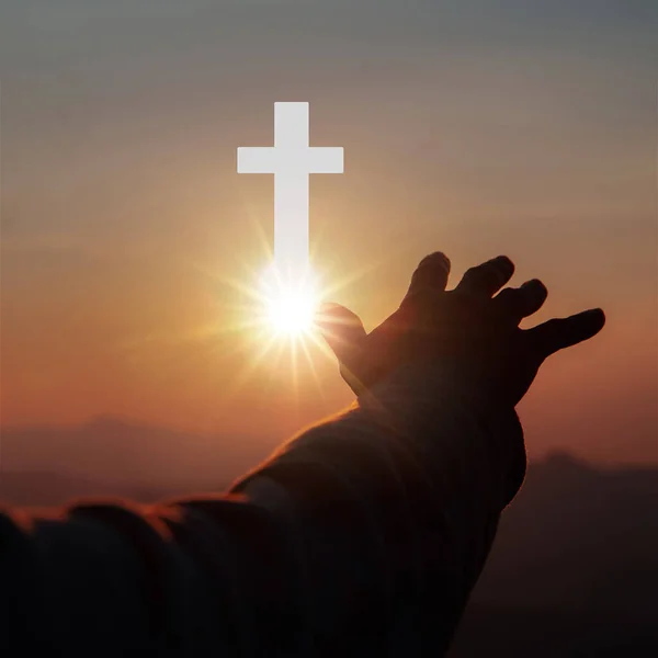 Silhouette Human Hands Palm Praying Worship Cross Eucharist Therapy Bless — Foto de Stock