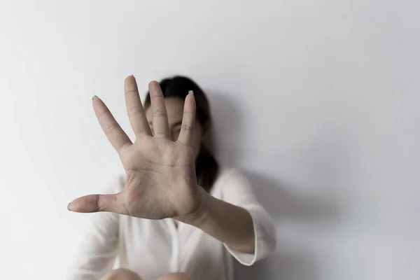 Stop Hurting Woman Young Female Person Raised Her Hand Stop — Stock Photo, Image