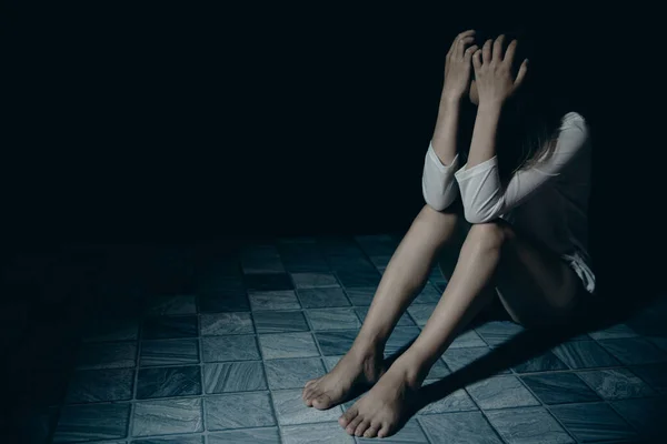 Young Person Woman Sad Stress Loneliness Sitting Dark Room Unhappy — Stok fotoğraf