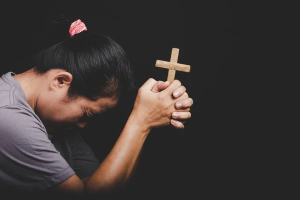 Christianity Woman Catholic Hand Holding Cross Crucifix Pray God Person — Stockfoto