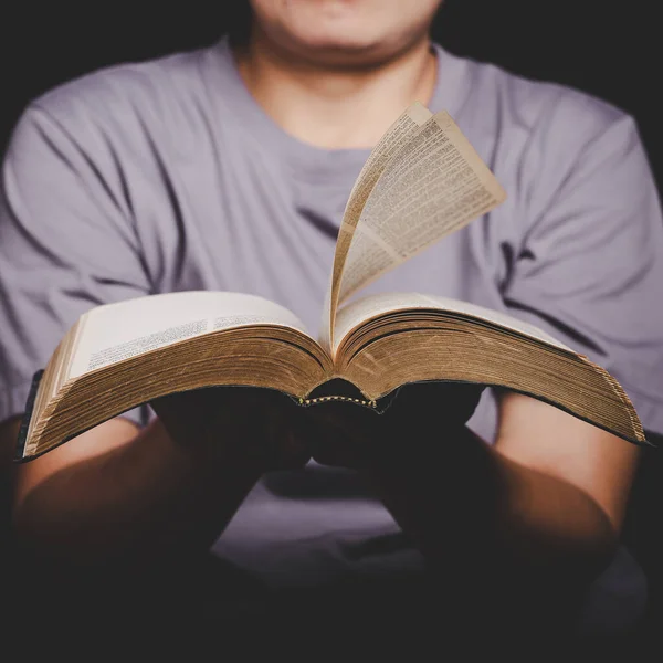 Close Christian Woman Hand Holding Holy Bible Pray Worship Thank — Stock Fotó