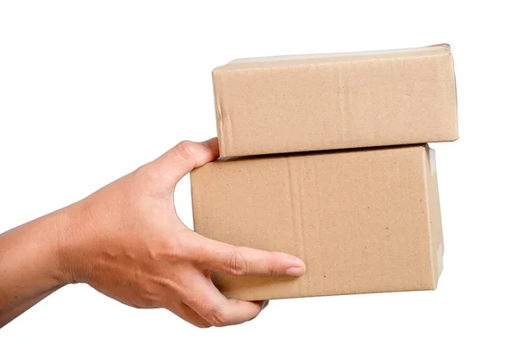 Parcel Cardboard Parcel Box Delivery Woman Person Hands Isolated White — Stockfoto