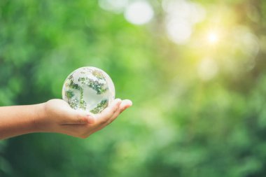 Human hands holding earth sphere crystal or sustainable globe glass with sunlight at green nature background in ecology environment forest. concept of conservation environmental, protection planet.