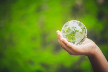 Human hands holding earth sphere crystal or sustainable globe glass with sunlight at green nature background in ecology environment forest. concept of conservation environmental, protection planet.