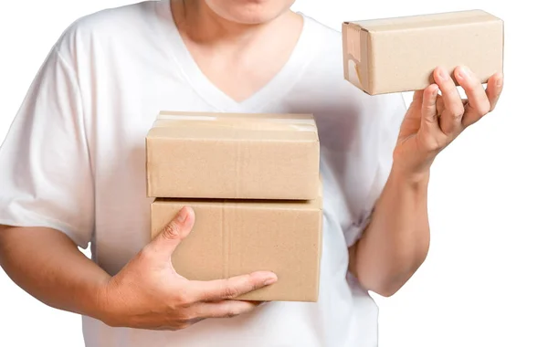 Parcel Cardboard Parcel Box Delivery Woman Person Hands Isolated White — Stockfoto