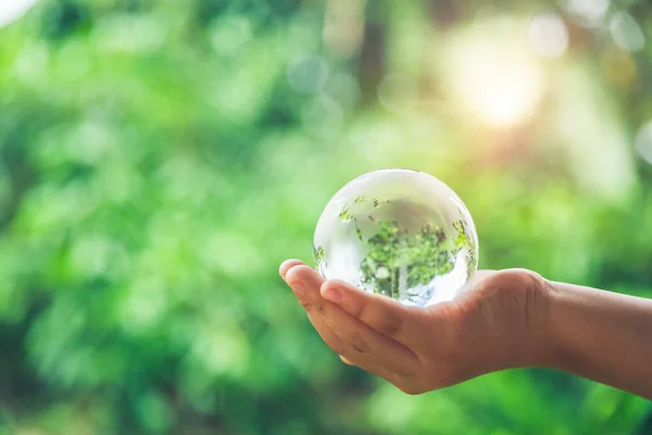 Human Hands Holding Earth Sphere Crystal Sustainable Globe Glass Sunlight — Stockfoto