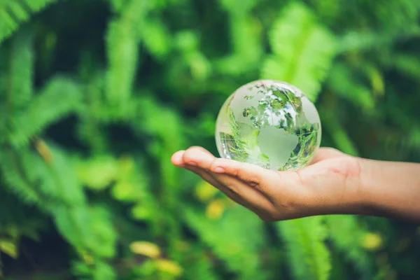 Human hands holding earth sphere crystal or sustainable globe glass with sunlight at green nature background in ecology environment forest. concept of conservation environmental, protection planet.