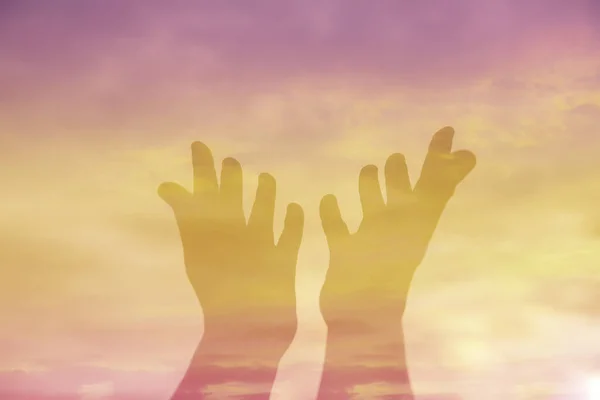 Person Human Hands Open Palm Worship Pray God Background Sunrise — Fotografia de Stock