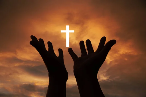 Person Human Hands Open Palm Worship Pray God Background Sunrise — Stockfoto