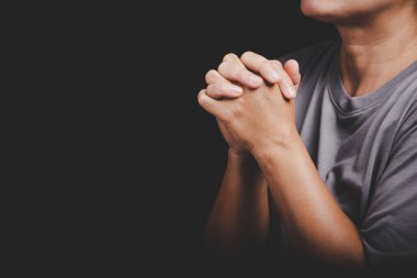 christianity woman catholic hand pray and worship in the church, Hands folded in prayer concept for faith, spirituality and religion, Hands Raised In Worship background.