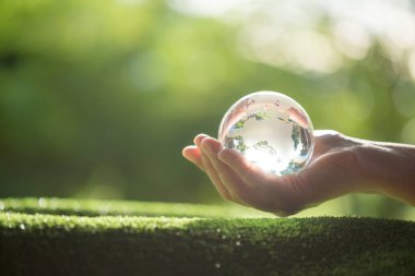 Human hand holding globe planet glass In green forest with bokeh nature lights. world environment day. concept for environment conservation, protect ecology earth and environmental eco-friendly life.