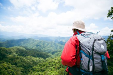 Genç adam kayanın tepesinde yürüyüş yapıyor, sırt çantalı adam yazın güneş ışığında güzel dağ vadisine bakıyor, sporcuyla manzara, yüksek tepeler, orman, gökyüzü. Seyahat ve turizm.